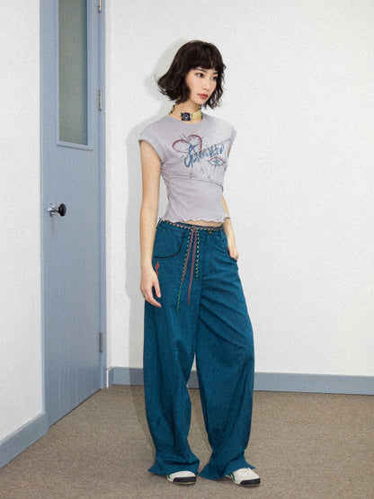Orange Embroidered Striped Loose Banana Pants【s0000011901】