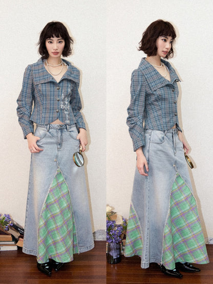Candlesticks Embroidered Stacked Collar Plaid Short Jacket【s0000011909】