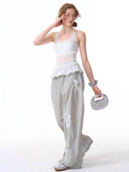 Lace Bow Wide Leg Straight Sports Casual Pants【s0000011918】