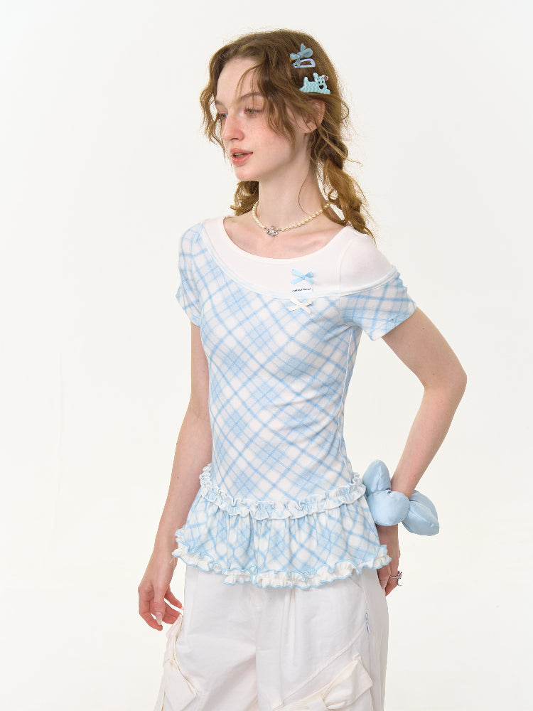 Ruffle Hem Faux Two Piece Bow Plaid Crew Neck Short Sleeve T-Shirt【s0000013004】