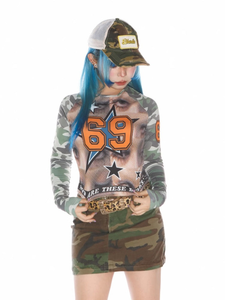 Camo Numbering Raglan Long Sleeve T-Shirt【s0000011787】