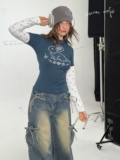 Rabbit & Star Print Fake Layering Long Sleeve T-Shirt【s0000011750】