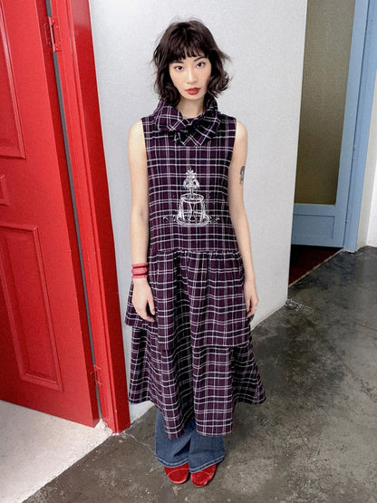 Plaid Embroidery Sleeveless Tiered Long Dress【s0000011898】