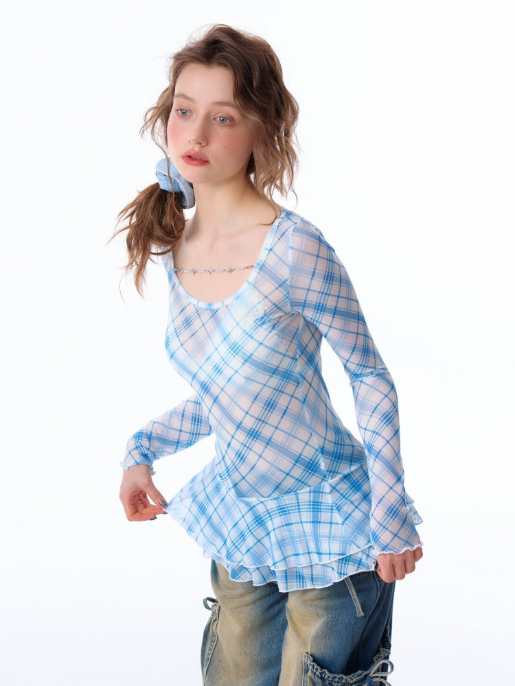 Semi Sheer Blue Plaid Hem Ruffles Long Sleeve T-Shirt【s0000011922】