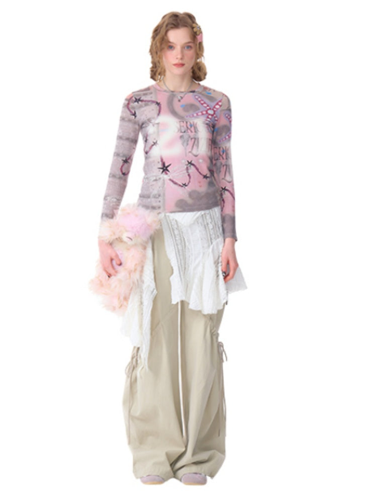 Star Digital Print Long Sleeve Numbering T-Shirt【s0000011760】