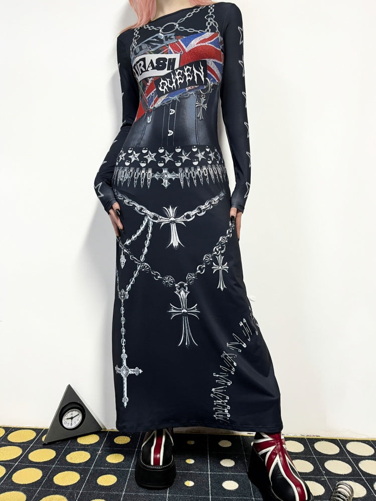 Punk Cross & Chain Motif  Print Long Sleeve Dress【s0000011779】