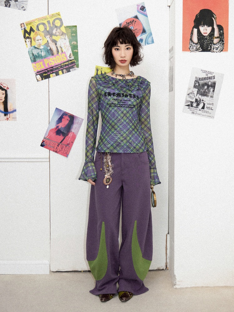 Chemistry Message Print Ruffle Check Long Sleeve T-Shirt【s0000011899】