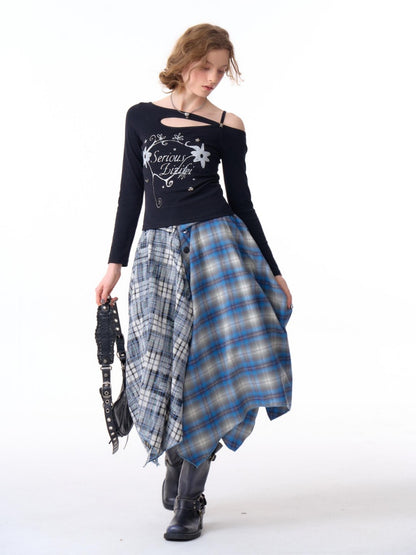 Irregular Contras Plaid High Waist Midi Long Skirt【s0000011753】