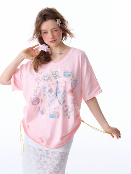 Cartoon Print Pattern V-Neck Short Sleeve T-Shirt【s0000011914】
