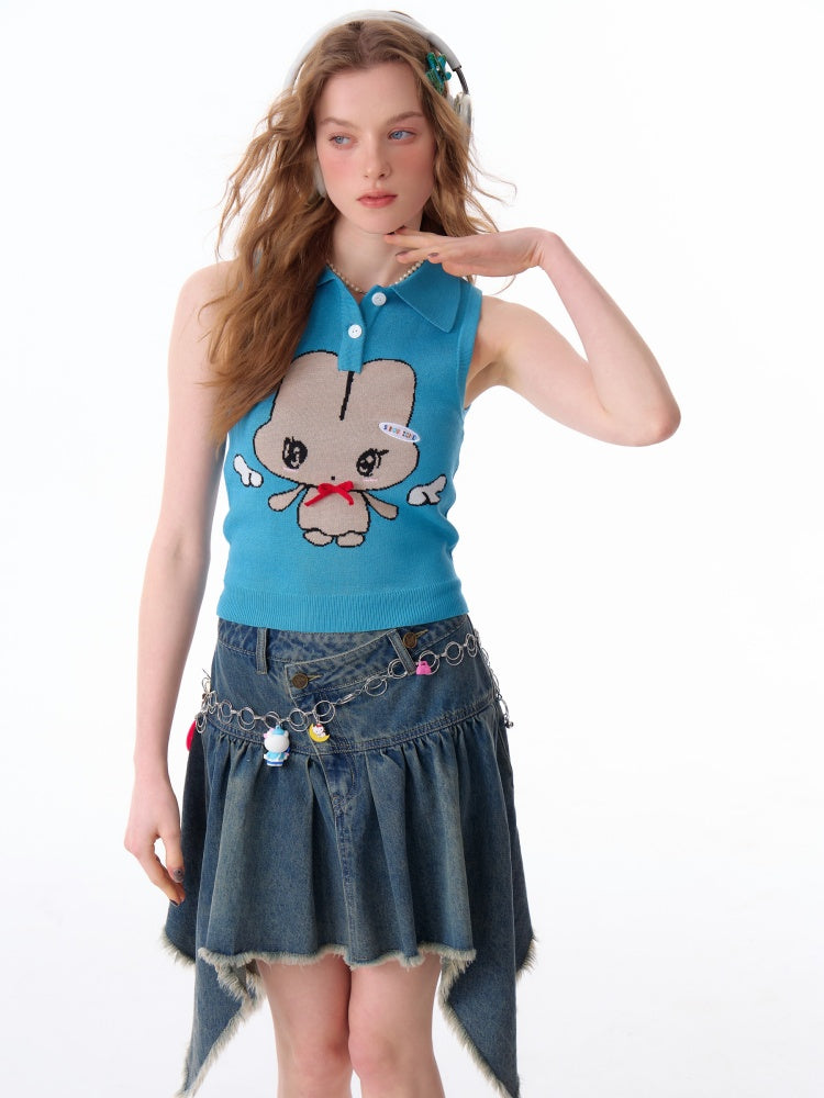 Cartoon Pattern Bow Polo Neck Knitted Vest【s0000011920】