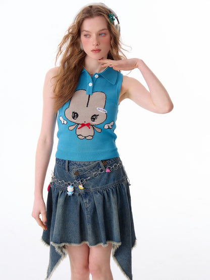Cartoon Pattern Bow Polo Neck Knitted Vest【s0000011920】