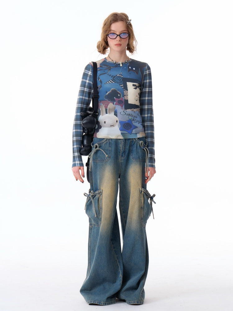 Animal Collage Print Glen Check Switch Slim Long Sleeved T-Shirt【s0000011752】