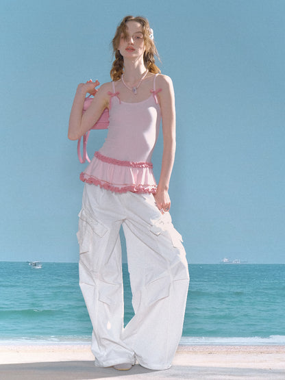 Ruffle Lace Pleated Hem Bow Camisole【s0000013008】