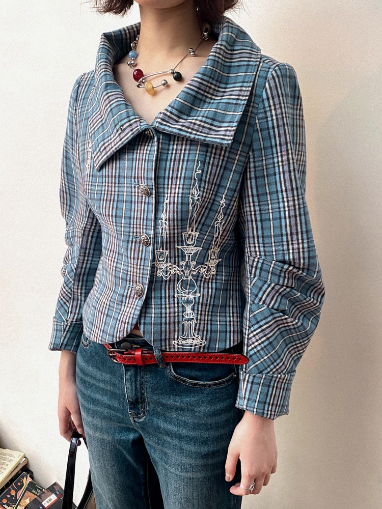 Candlesticks Embroidered Stacked Collar Plaid Short Jacket【s0000011909】
