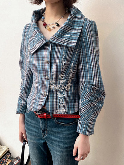Candlesticks Embroidered Stacked Collar Plaid Short Jacket【s0000011909】