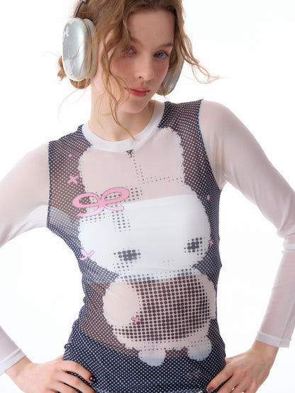 Pixel Rabbit Print Crew Neck Long Sleeve T-Shirt【s0000011917】