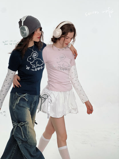 Rabbit & Star Print Fake Layering Long Sleeve T-Shirt【s0000011750】