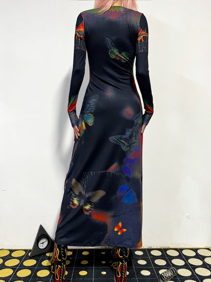Butterfly Graphic Tight Fit Long Sleeve Dress【s0000011781】