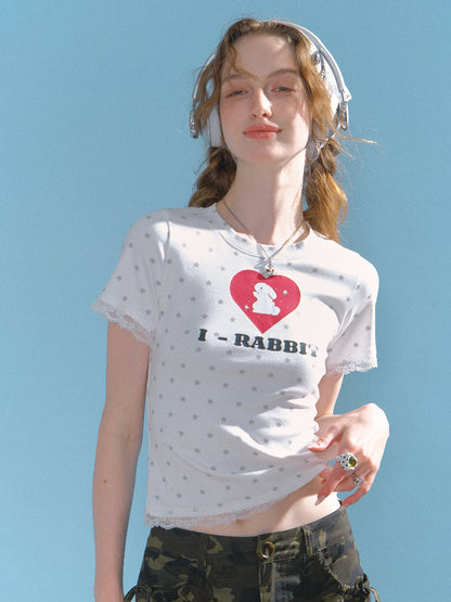 Polka Dot Star Heart Rabbit Print Crew Neck Short Sleeve T-Shirt【s0000013012】