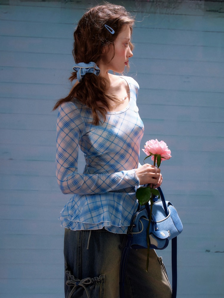 Semi Sheer Blue Plaid Hem Ruffles Long Sleeve T-Shirt【s0000011922】