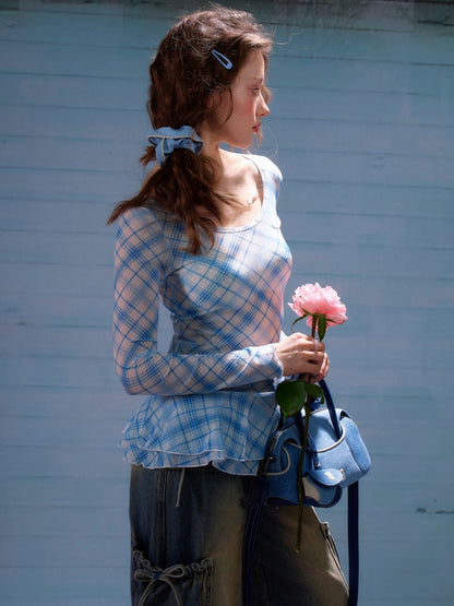 Semi Sheer Blue Plaid Hem Ruffles Long Sleeve T-Shirt【s0000011922】