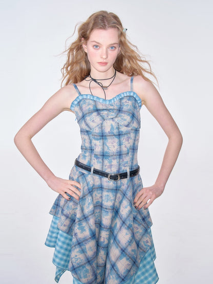 Asymmetric Hem Gingham Check Pattern Flare Camisole Dress【s0000011749】