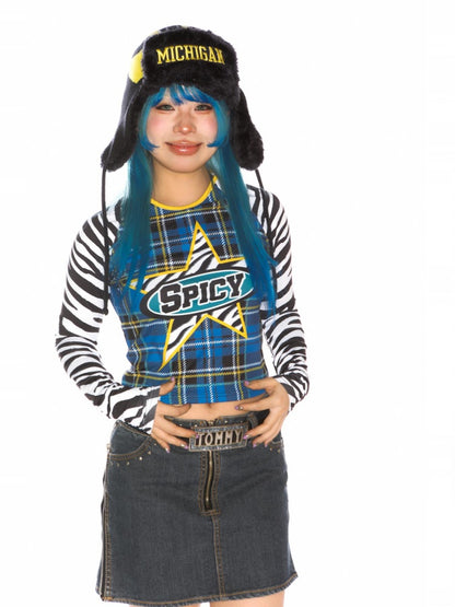 College Style Zebra & Check Print Long Sleeve Cropped T-Shirt【s0000011786】