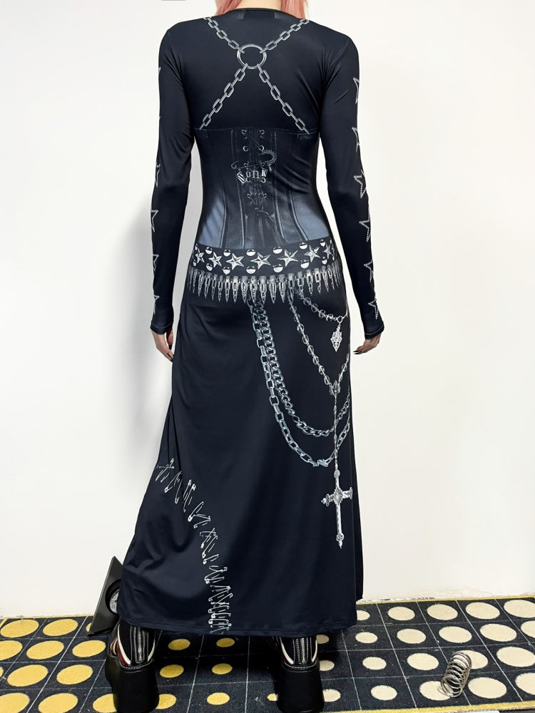Punk Cross & Chain Motif  Print Long Sleeve Dress【s0000011779】