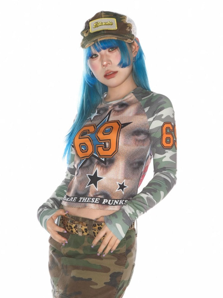 Camo Numbering Raglan Long Sleeve T-Shirt【s0000011787】