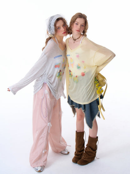 Drawstring Print Semi Sheer Loose V-Neck Long Sleeved T-Shirt【s0000011751】