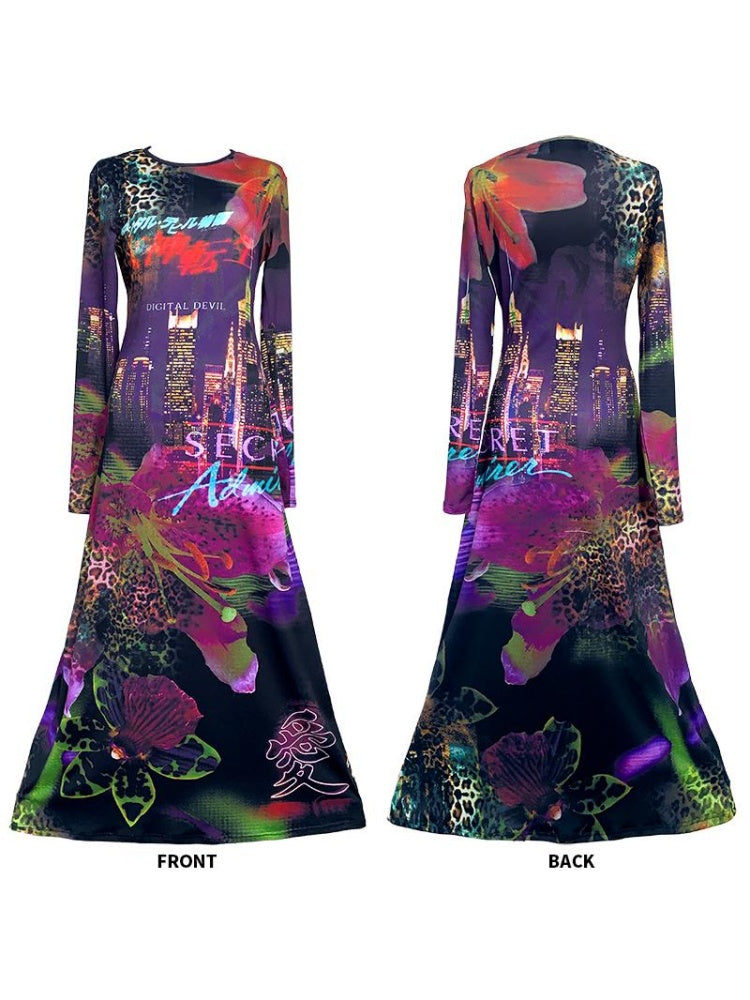 Leopard & Floral Print Long Sleeve A-Line Flare Dress【s0000011780】