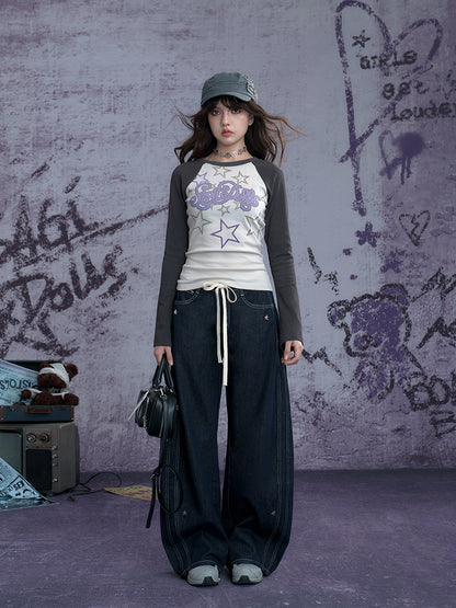 Star Print Raglan Shoulder Long Sleeve T-Shirt【s0000011929】