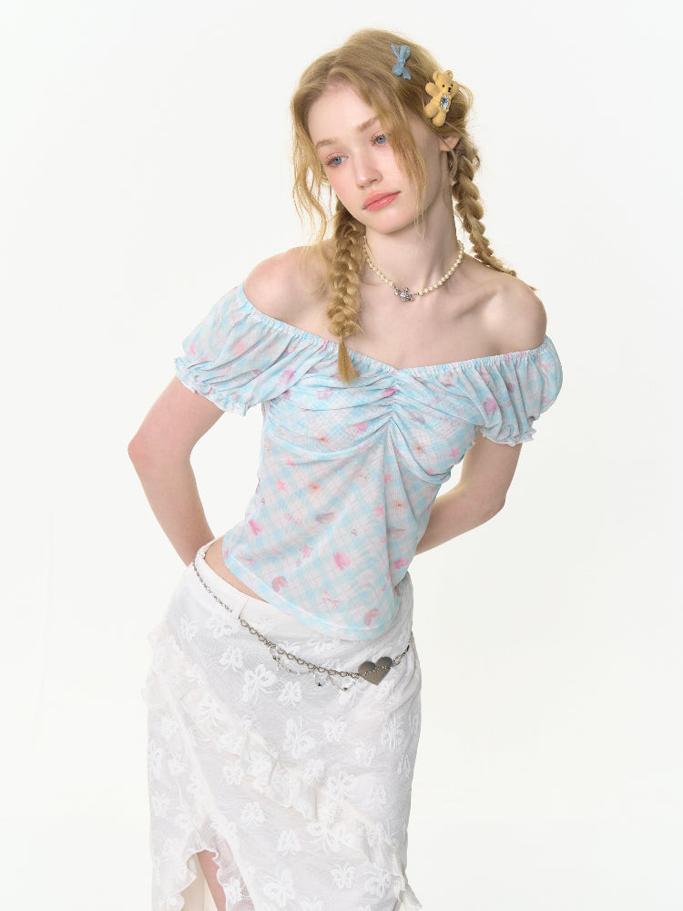 Big Gather V-Neck Plaid Puff Sleeve T-Shirt【s0000013005】
