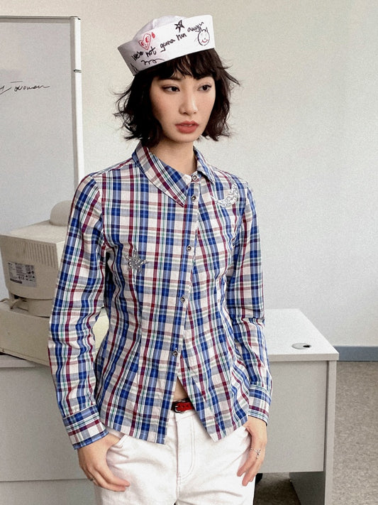 Asymmetrical Star & Moon Beads Embroidered Long Sleeve Plaid Shirt【s0000011906】