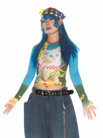 Cat Pattern Graphic Long sleeved Cropped T-Shirt【s0000011788】