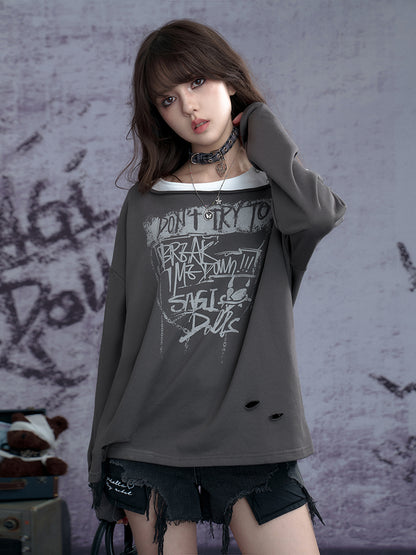 Distressed Hole Fake Two Long Sleeved Sweatshirt【s0000011923】