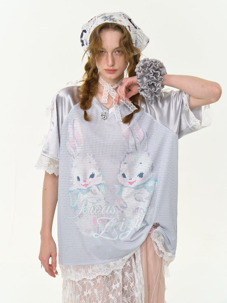 Lace Hem Rabbit Print V-Neck Loose Short Sleeve T-Shirt【s0000013010】