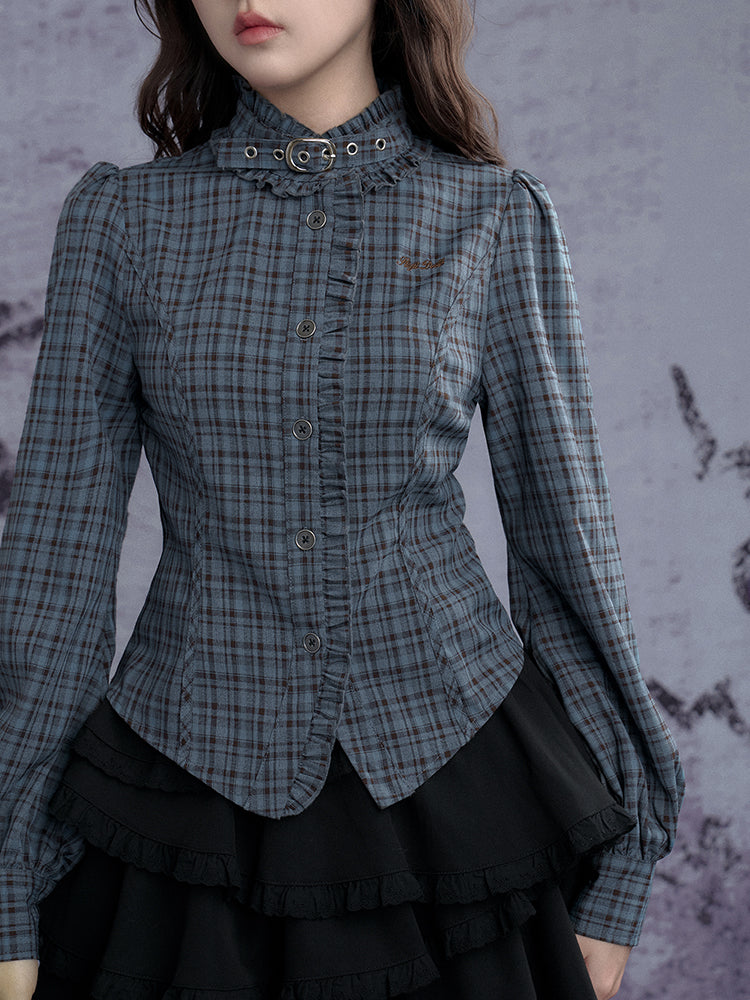 Stand collar Neck Belt Checkered Ruffle Long Sleeve Shirt【s0000011927】