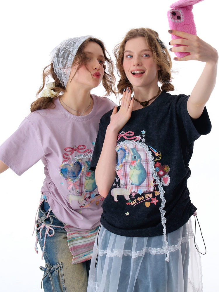 Rabbit Print Three Dimensional Lace Loose Crew Neck Short Sleeve T-Shirt【s0000011755】
