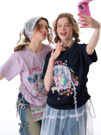 Rabbit Print Three Dimensional Lace Loose Crew Neck Short Sleeve T-Shirt【s0000011755】