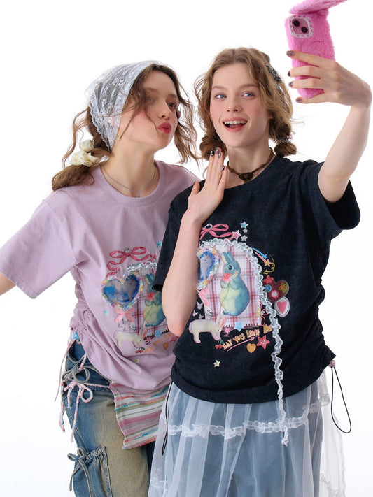 Rabbit Print Three Dimensional Lace Loose Crew Neck Short Sleeve T-Shirt【s0000011755】