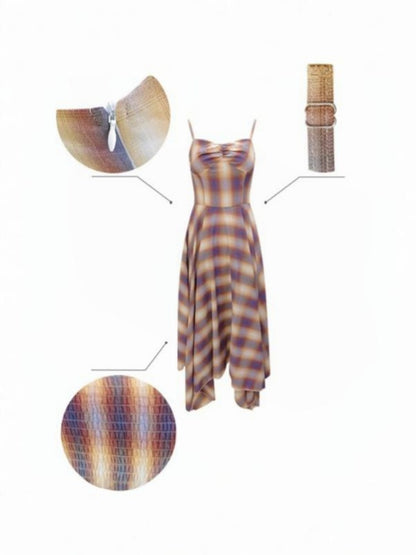 Cinched Waist Red Check Irregular Suspender Dress【s0000011911】
