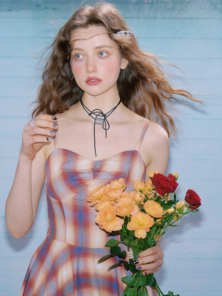 Cinched Waist Red Check Irregular Suspender Dress【s0000011911】