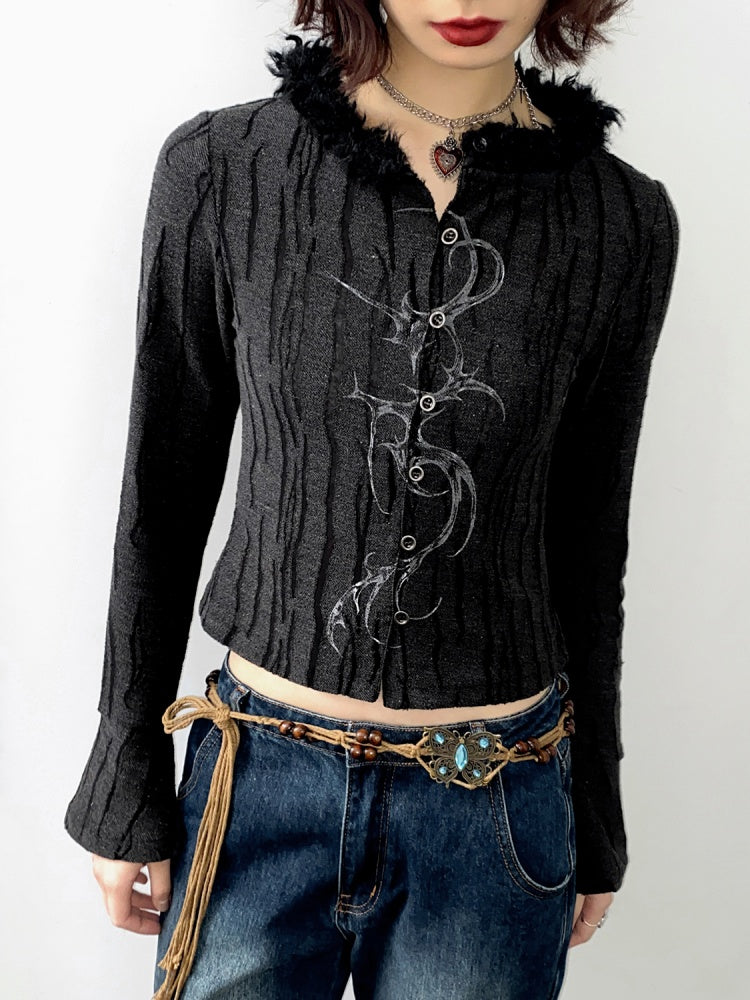 Fur Collar Graphic Print Cardigan【s0000011904】