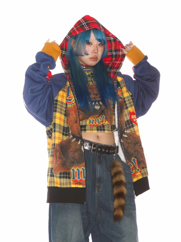 Punk Bear Panel Checked Pattern Raglan Sleeve Zip-Up Hoodie【s0000011791】