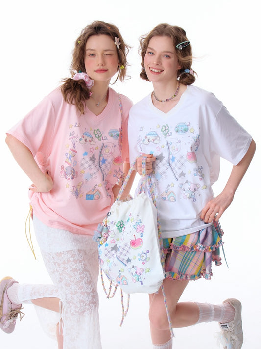 Cartoon Print Pattern V-Neck Short Sleeve T-Shirt【s0000011914】