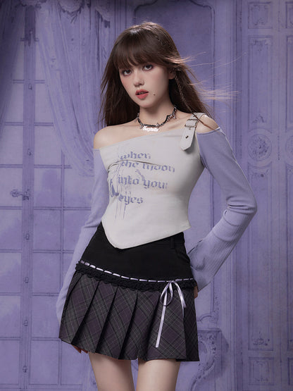 Graphic Print Off-Shoulder Long Sleeves Irregular T-Shirt 【s0000011934】