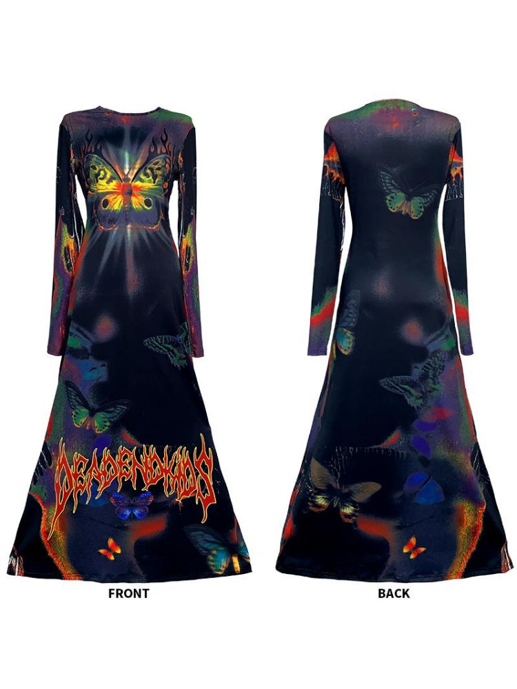 Butterfly Graphic Tight Fit Long Sleeve Dress【s0000011781】