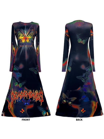 Butterfly Graphic Tight Fit Long Sleeve Dress【s0000011781】
