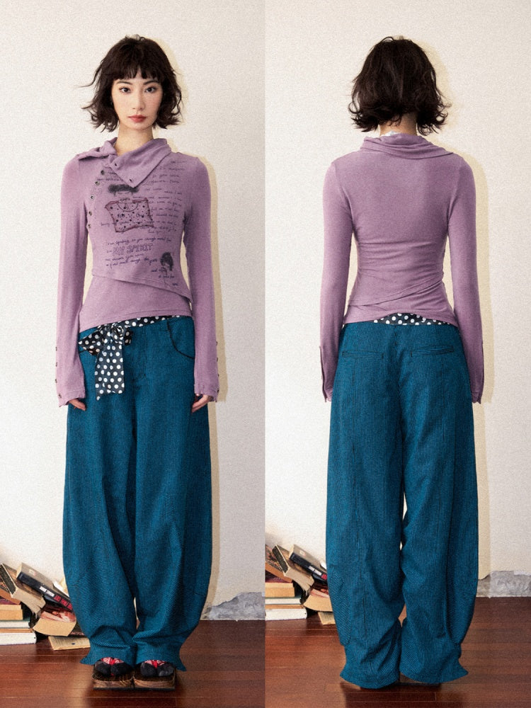 Orange Embroidered Striped Loose Banana Pants【s0000011901】